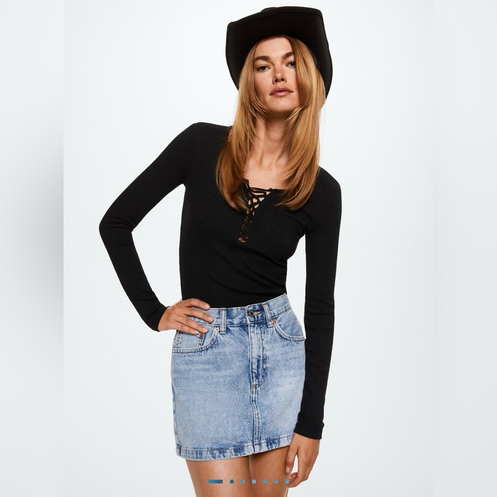 Mango Bow Ribbed Black Long Sleeve Fitted Shirt small